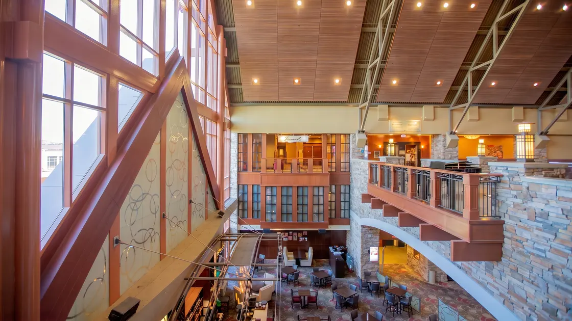 River Rock atrium windows and timber ceiling