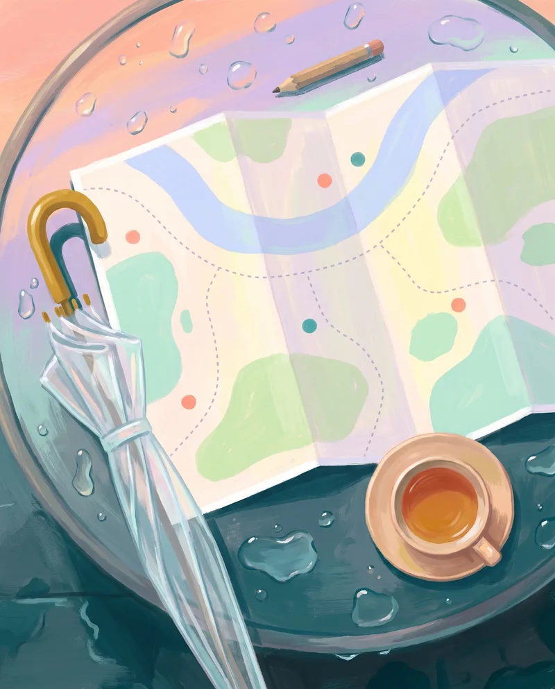 Paper map with six dots on a café table