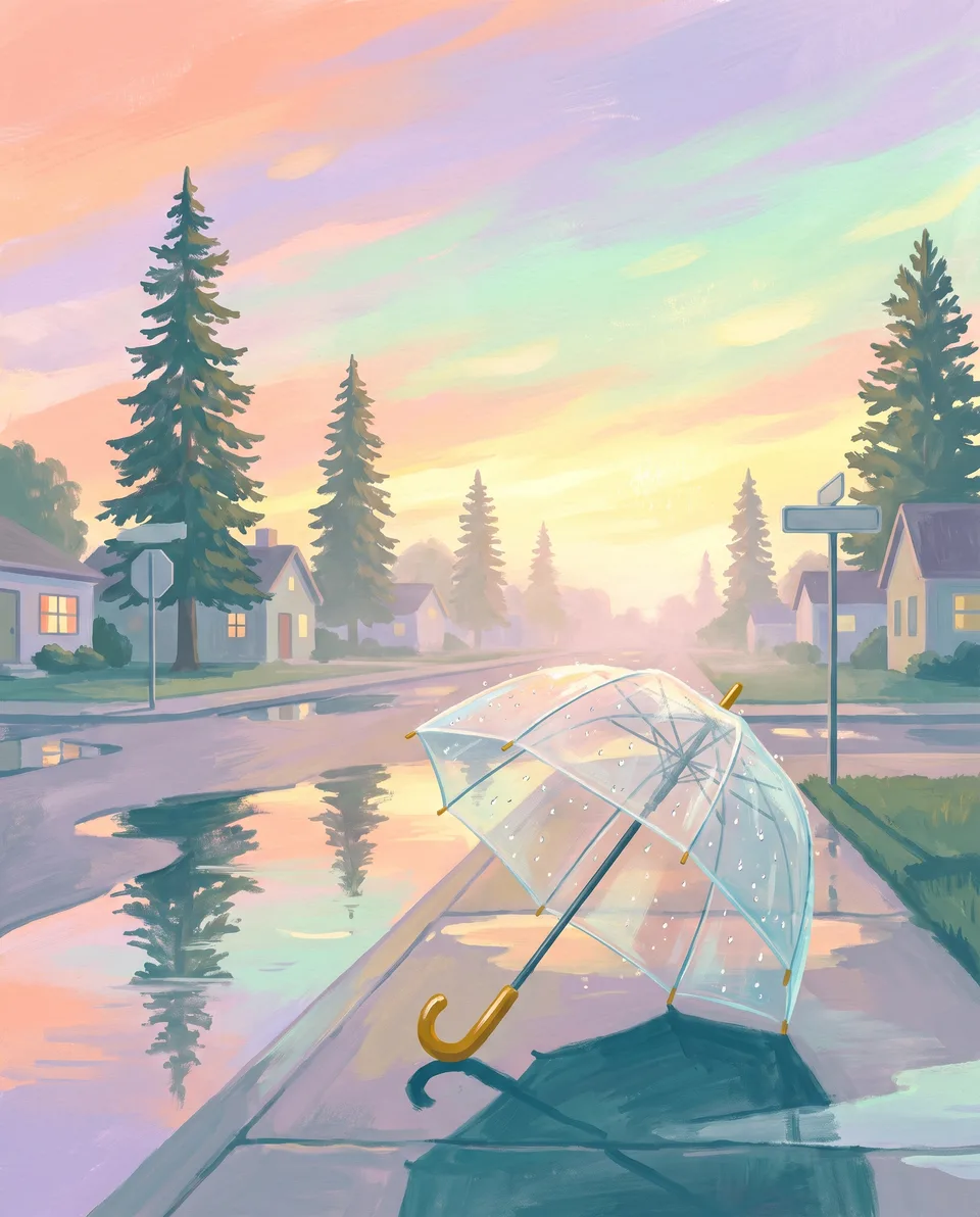 Clear umbrella on a wet cedar-lined street at sunset