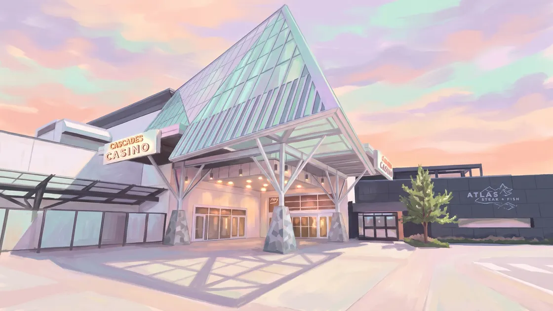 Cascades Casino Langley glass canopy at dawn