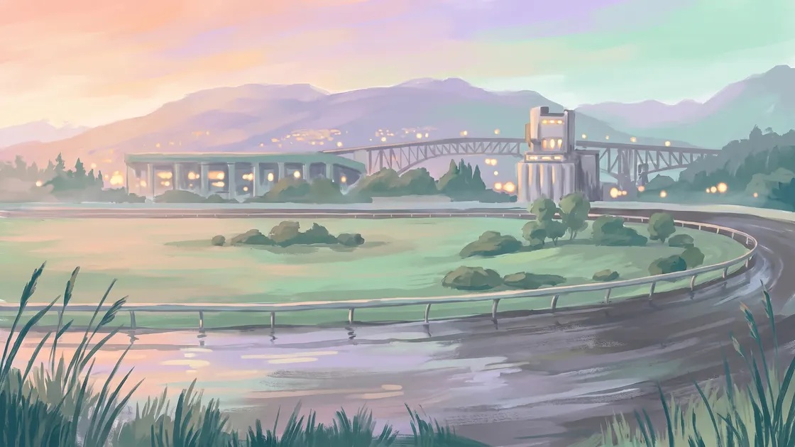 Hastings infield with the port and mountains at dawn