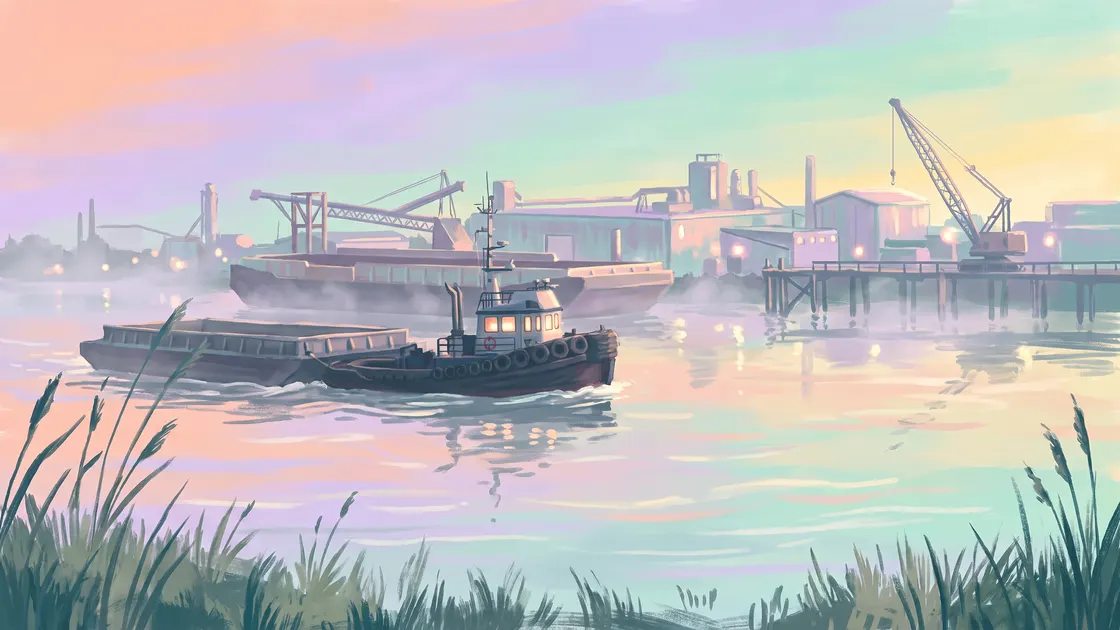 Tug and barge on the Fraser River at dawn