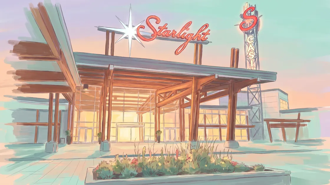 Starlight Casino portico and flower bed at dawn