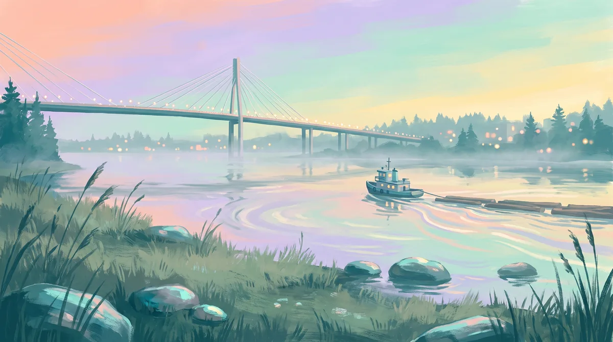 Cable-stayed bridge over a wide river at dusk